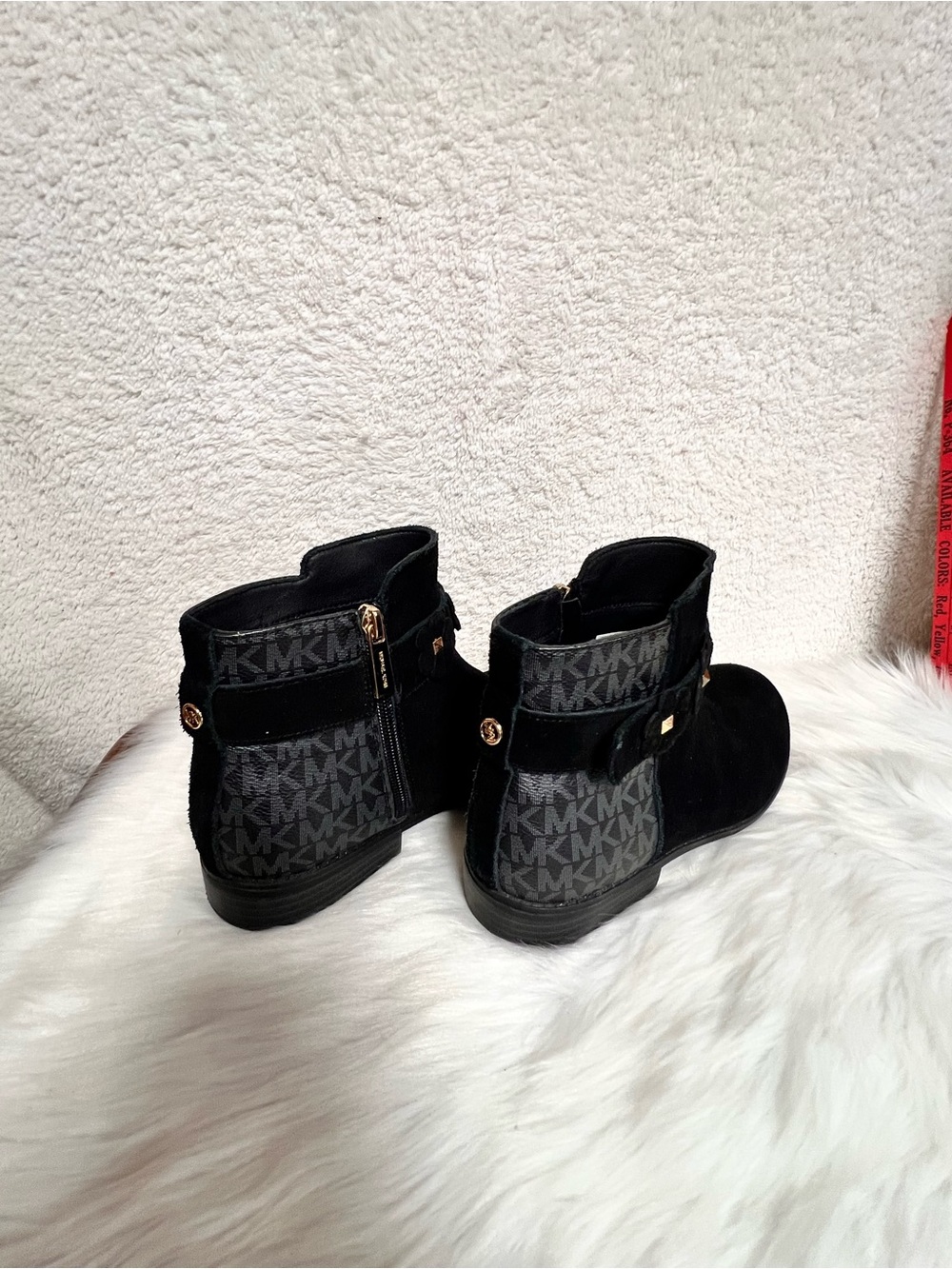 Michael Kors Black Logo Ankle Booties with Gold MK Buttons - Picture 2 of 8
